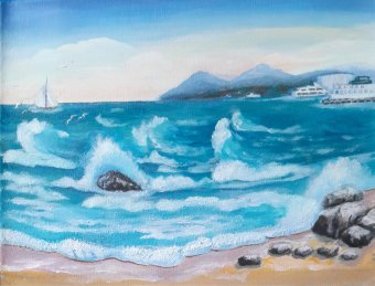 Painting "Konak: Ferry Ride Through Serene Bay" by painter Fa Ley acrylic canvas at Jose Art Gallery