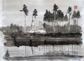 Painting "Pirogovo" by painter Yury Peshkov drawing ink paper at Jose Art Gallery