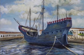 Painting "Ancient Caravel: Memories and Discoveries" by painter Alex Carvalho acrylic canvas at Jose Art Gallery