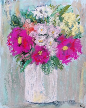 Painting "Pastel Bouquet in White Vase Soft Elegance" by painter Nino Gudadze pastel paper at Jose Art Gallery