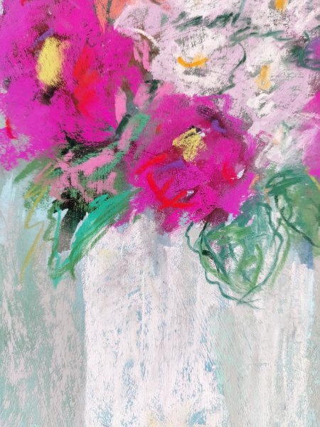 Additional view 2: Expressionism Still-Life Painting Pastel Bouquet in White Vase Soft Elegance by painter Nino Gudadze pastel paper 
