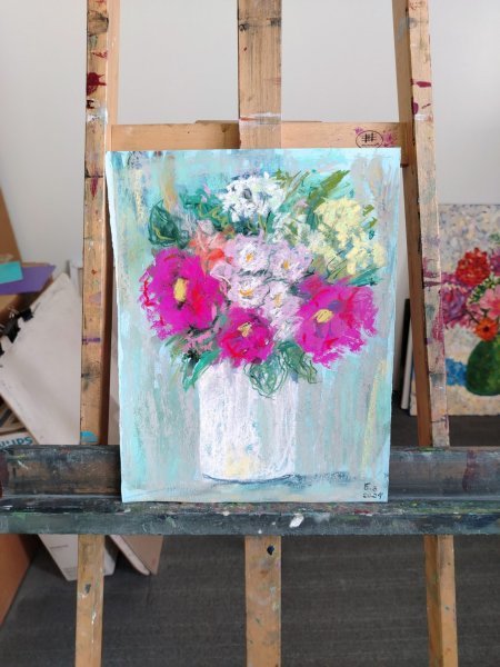 Additional view 4: Expressionism Still-Life Painting Pastel Bouquet in White Vase Soft Elegance by painter Nino Gudadze pastel paper 