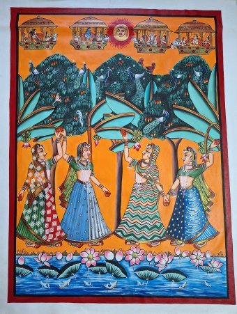 Painting "Traditional Dance: Celebration in Color" by painter Manish Vaishnav acrylic canvas at Jose Art Gallery