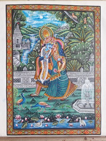 Painting "Radha, krishna, garden, river," by painter Manish Vaishnav acrylic canvas at Jose Art Gallery