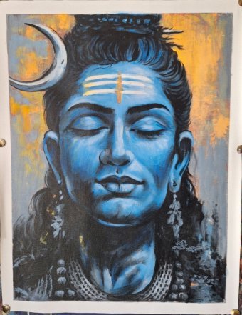 Painting "Shiva: The Blue Deity's Calm Essence" by painter Manish Vaishnav acrylic canvas at Jose Art Gallery