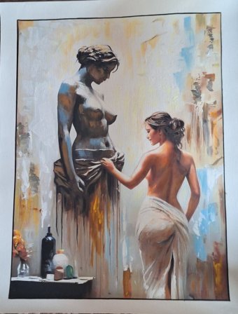 Pintura "Mujer y estatua: un abrazo clásico", pintor Manish Vaishnav acrílico lienzo en Jose Art Gallery