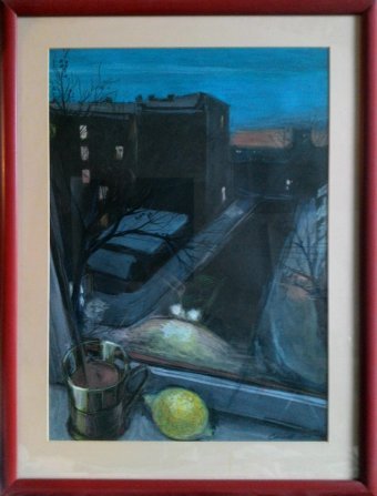 Painting "Tea in the urban landscape" by painter Evgeniy Stoev mixed method cardboard at Jose Art Gallery