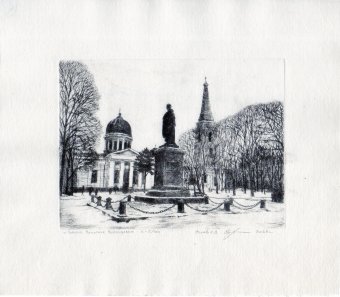 Drawing "Cathedral. Monument to Vorontsov" by illustrator Evgeniy Stoev engraving paper at Jose Art Gallery