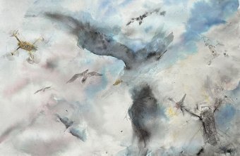 Malerei "Vögel und Drohnen", maler/-in Vera Minina Aquarellfarbe Papier in der Jose Art Gallery