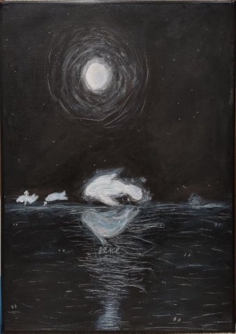 Pittura "Onde dell'oceano illuminate dalla luna e vita marina", pittore Lix acrilico tela alla Jose Art Gallery
