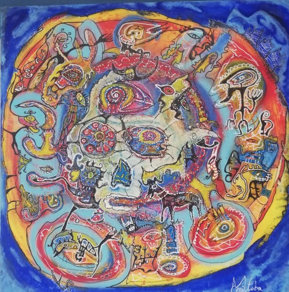 Naïve Art Mythological Painting The eye of the storm by painter pascal Manitoba acrylic canvas 