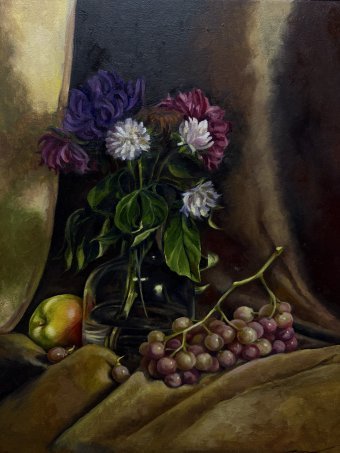 Painting "Dinner with grapes" by painter Benny oil wood at Jose Art Gallery