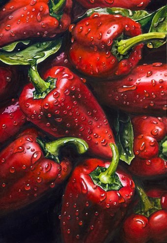 Painting "Juicy Red Peppers" by painter Irina Magon watercolor paper at Jose Art Gallery