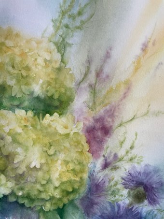 Painting "Hydrangea Blooms in Summer Garden" by painter Maria Mandis watercolor paper at Jose Art Gallery