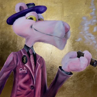 Pittura "La Pantera Rosa con stile", pittore Anna Fateeva olio tela alla Jose Art Gallery