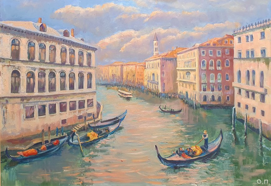 Realism Marine Art Painting The Path of Light Through the Venetian Canals by painter Oksana Potomkina oil canvas 