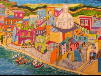 Painting "Colors of Procida: Italian Summer" by painter Manuela Minelli acrylic canvas at Jose Art Gallery