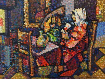 Pittura "Il bicchiere di vino", pittore Taras Dudka olio tela alla Jose Art Gallery