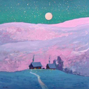 Pittura "Winter Peace Under Moonlight", pittore Andrii Kovalyk guazzo carta alla Jose Art Gallery