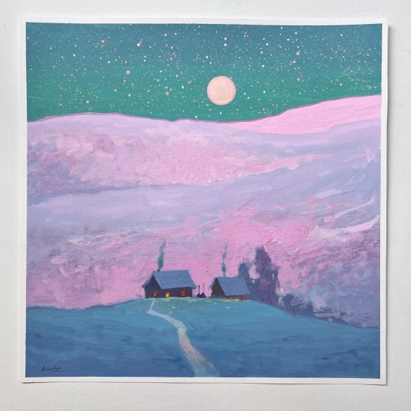 Additional view 1: Impressionism Landscape Painting Winter Peace Under Moonlight by painter Andrii Kovalyk gouache paper 