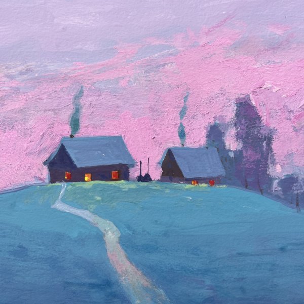 Additional view 2: Impressionism Landscape Painting Winter Peace Under Moonlight by painter Andrii Kovalyk gouache paper 