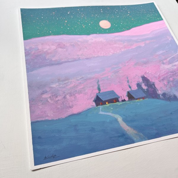 Additional view 4: Impressionism Landscape Painting Winter Peace Under Moonlight by painter Andrii Kovalyk gouache paper 