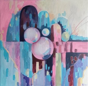 Painting "Blue and Pink Abstract Spheres Harmony" by painter KOlha acrylic canvas at Jose Art Gallery