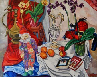 Painting "Still life with harlequin, vase," by painter Graeff Matthias Laurenz oil canvas at Jose Art Gallery