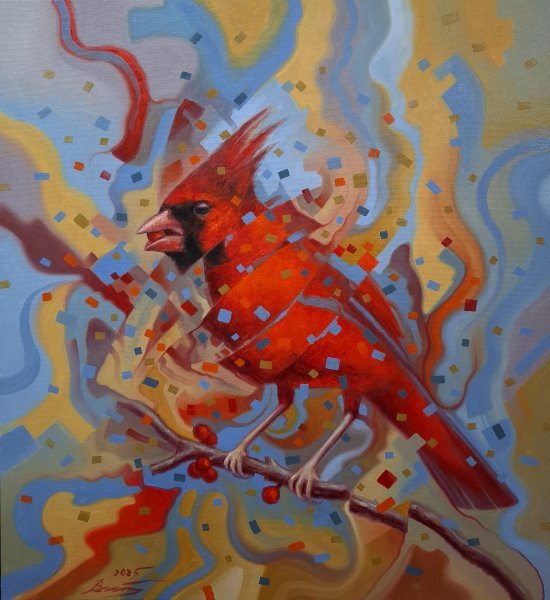 Surrealism Animal Painting Red Cardinal by painter Serhii Voichenko oil canvas 