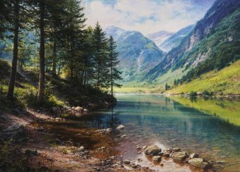 Pittura "Specchio di montagna", pittore Viktar Yushkevich Yuvart acrilico tela alla Jose Art Gallery