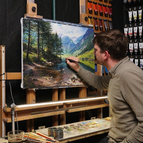 Immagine aggiuntiva 10: Fotorealismo Paesaggio Pittura "Specchio di montagna", pittore Viktar Yushkevich Yuvart acrilico tela 