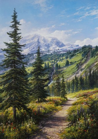 Pittura "Sulla strada per i pendii innevati", pittore Viktar Yushkevich Yuvart acrilico tela alla Jose Art Gallery