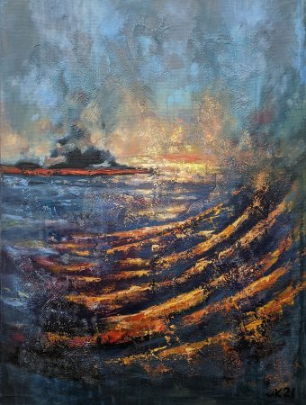 Pintura "Atardecer en la isla: Escapada: Calma cálida en la isla", pintor Lena Kolambet acrílico lienzo en Jose Art Gallery