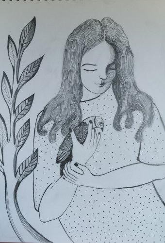 Graphik "Das Mädchen mit dem Huhn", illustrator Irinka Sichinava Bleistift Papier in der Jose Art Gallery