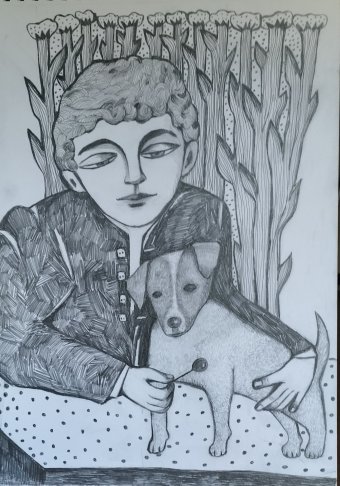 Graphik "Kind ist Hund", illustrator Irinka Sichinava Bleistift Papier in der Jose Art Gallery