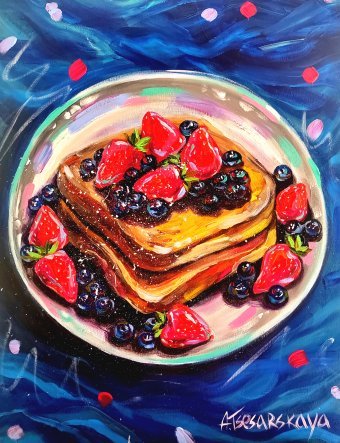 Painting "Breakfast - food painting" by painter Aliaksandra Tsesarskaya acrylic canvas at Jose Art Gallery