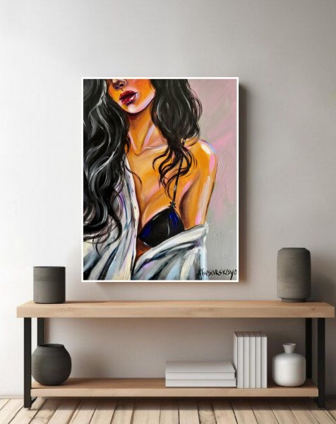 Additional view 1: Pop Art Portrait Painting Morning-Girl with white shirt by painter Aliaksandra Tsesarskaya acrylic canvas 