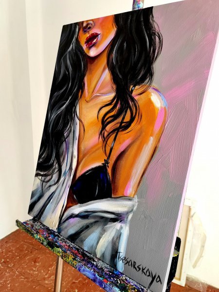 Additional view 2: Pop Art Portrait Painting Morning-Girl with white shirt by painter Aliaksandra Tsesarskaya acrylic canvas 