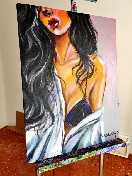 Additional view 3: Pop Art Portrait Painting Morning-Girl with white shirt by painter Aliaksandra Tsesarskaya acrylic canvas 