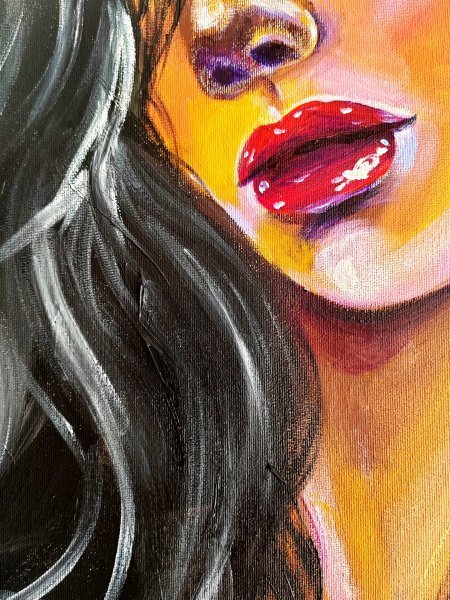 Additional view 5: Pop Art Portrait Painting Morning-Girl with white shirt by painter Aliaksandra Tsesarskaya acrylic canvas 