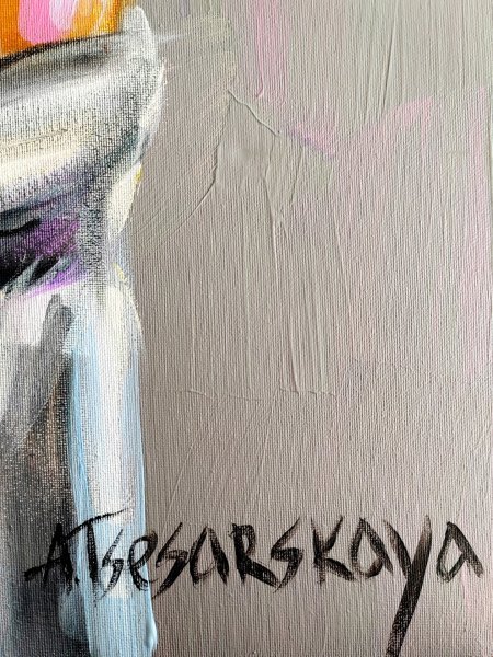 Additional view 8: Pop Art Portrait Painting Morning-Girl with white shirt by painter Aliaksandra Tsesarskaya acrylic canvas 