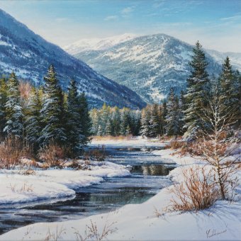 Pittura "Fiume invernale", pittore Viktar Yushkevich Yuvart acrilico tela alla Jose Art Gallery