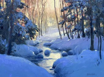 Painting "Lit Winter Stream" by painter Andrii Kovalyk oil paper at Jose Art Gallery