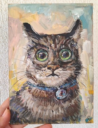 Живопись "Картина маслом Полосатый кот: Выразительное очарование", живописец Аліна Skorokhod масло картон в Jose Art Gallery