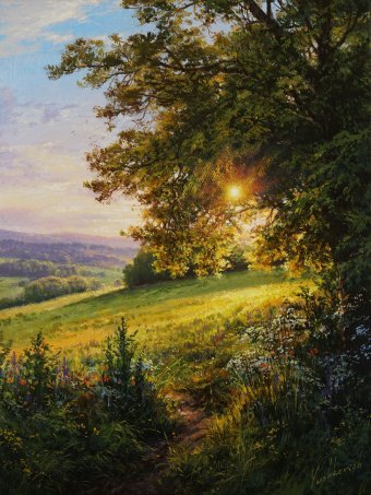 Pittura "Mattina in montagna", pittore Viktar Yushkevich Yuvart acrilico tela alla Jose Art Gallery