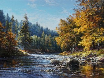 Pittura "Fiume di montagna", pittore Viktar Yushkevich Yuvart acrilico tela alla Jose Art Gallery