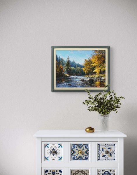 Immagine aggiuntiva 3: Fotorealismo Paesaggio Pittura "Fiume di montagna", pittore Viktar Yushkevich Yuvart acrilico tela 