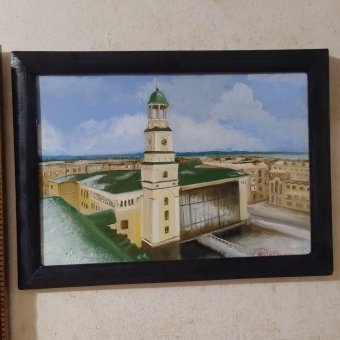 Pittura "Ostrog antico iperrealistico", pittore Yulia Stasiuk olio legno alla Jose Art Gallery