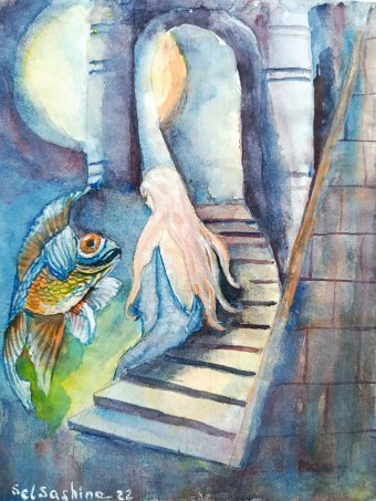 Peinture "Une fille qui parle à un poisson", peintre Selena Sashina aquarelle papier à la Jose Art Gallery