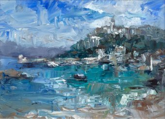 Pittura "Porto del Mediterraneo", pittore Adrienn Pécsek olio carta alla Jose Art Gallery